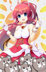 1girl bare_shoulders bear blue_eyes breasts corset dress gloves highres iris_mysteria! large_breasts long_hair looking_at_viewer ponytail red_hair ribbon rugenia_hadik_de_palvin smile standing white_gloves white_ribbon