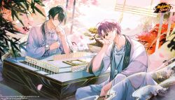 2boys absurdres artist_request bamboo_leaf bird bonsai copyright_logo day elbow_rest fei_ming green_hair hakama highres japanese_clothes jewelry long_hair looking_at_viewer mahjong mahjong_soul multiple_boys necklace official_art playing_games ponytail purple_hair robe sitting smile sunglasses table tree white_robe yellow_eyes yuan_feng