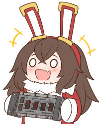 +++ 0_0 1girl :d animal_ears baron_bunny_(genshin_impact) blush bomb brown_hair commentary english_commentary explosive eyebrows_hidden_by_hair fake_animal_ears fang genshin_impact guin_guin hair_between_eyes holding long_hair open_mouth rabbit_ears simple_background smile solo upper_body white_background