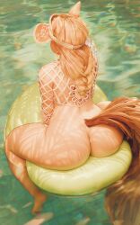 1girl absurdres animal_ears ass back bottomless brown_hair brown_tail fugtrup highres inflatable_toy large_tail long_hair marvel naked_shirt no_bra nude pool shirt solo squirrel_ears squirrel_girl squirrel_girl_(marvel) squirrel_girl_(sunshine_squirrel)_(marvel) squirrel_tail tail