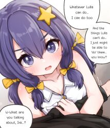 1boy 1girl alternate_language blush bow breasts comodox hetero long_hair looking_at_viewer low-tied_sidelocks low_twintails open_mouth original pov purple_eyes shirt sidelocks sleeveless sleeveless_shirt small_breasts star_(symbol) star_in_eye symbol_in_eye twintails white_shirt yellow_bow