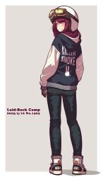 1girl ass brown_hair denim gloves goggles goggles_on_headwear helmet highres hood hoodie jagi_(jagi_souken) jeans long_hair looking_back motorcycle_helmet nike_(company) pants shoes simple_background smile sneakers solo toki_ayano yurucamp