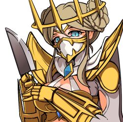 1girl armor blonde_hair blue_eyes blue_gemstone bodysuit boobplate braid braided_bun breastplate breasts cape cleavage commentary crown dclaret digimon digimon_(creature) double_bun english_commentary gauntlets gem glint gold_armor gold_crown hair_between_eyes hair_bun holding holding_knife junomon knife large_breasts looking_at_viewer mask mouth_mask solo sticker_(medium) transparent_background upper_body white_armor white_bodysuit white_cape white_mask yandere