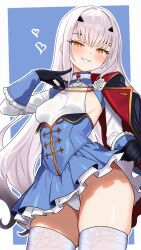 1girl absurdres aiguillette bamboo_tac black_gloves blue_cape blue_dress blush breasts cape dress fate/grand_order fate_(series) forked_eyebrows gloves gold_trim grin highres long_hair long_sleeves looking_at_viewer melusine_(fate) melusine_(second_ascension)_(fate) sidelocks small_breasts smile solo thighhighs thighs white_hair white_thighhighs yellow_eyes
