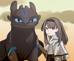 1girl arknights black_hairband black_scales blue_eyes brown_hair dragon grey_eyes hairband highres how_to_train_your_dragon_(series) jacket long_hair long_sleeves priestess_(arknights) scales shirt toothless upper_body white_jacket white_shirt wwfo_2
