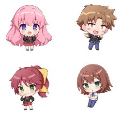 Rule 34 | 2boys, 2girls, :d, :o, baka to test to shoukanjuu, black footwear, black jacket, blazer, blue necktie, blue pants, blush, blush stickers, bow, brown eyes, brown hair, chibi, collared shirt, commentary, english commentary, green eyes, hair bow, hair ornament, hairclip, himeji mizuki, hitsukuya, jacket, kinoshita hideyoshi, long hair, long sleeves, looking at viewer, multiple boys, multiple girls, necktie, open mouth, pants, parted bangs, parted lips, pink hair, pleated skirt, ponytail, purple eyes, red necktie, red skirt, shimada minami, shirt, shoes, skirt, smile, socks, very long hair, white shirt, white socks, yellow bow, yoshii akihisa