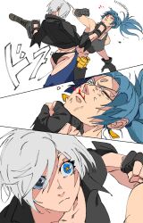 angel_(kof) arm_pouch backless_pants biceps black_tank_top blue_eyes blue_hair bra breasts camouflage camouflage_pants cargo_pants chaps cleavage crop_top cropped_jacket dog_tags earrings fingerless_gloves gloves hair_over_one_eye highres jacket jewelry large_breasts leather leather_jacket leona_heidern midriff muscular muscular_female navel panties pants ponytail rappel6730 short_hair snk soldier strapless strapless_bra tank_top the_king_of_fighters the_king_of_fighters_xiv toned toned_female triangle_earrings underwear white_hair