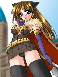 1girl 2000s_(style) alchemist_(ragnarok_online) animal_ears axe black_panties black_thighhighs blue_eyes blue_sky blurry blurry_background blush breasts brown_dress brown_hair building cape cat_ears commentary_request cowboy_shot dress elbow_gloves fake_animal_ears fur_collar gloves holding holding_axe long_hair looking_at_viewer medium_breasts open_mouth outdoors panties pantyshot purple_gloves ragnarok_online red_cape short_dress sky smile solo strapless strapless_dress tatsumi_ray thighhighs underwear