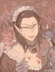 1boy :3 baldur&#039;s_gate baldur&#039;s_gate_3 bell black_hair blood blush cazador_szarr closed_eyes crossdressing crossdressing_(mtf) dungeons_&amp;_dragons dungeons_&amp;_dragons earrings fangs hair_slicked_back highres holding_tooth jewelry maid maid_headdress medium_hair neck_bell pale_color ribbon smile solo tooth vampire vihua6