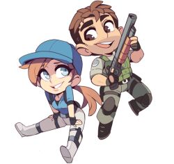 1boy 1girl almightychiru black_gloves blue_eyes blue_hat blue_shirt brown_eyes brown_hair chibi chris_redfield deformed fingerless_gloves gloves gun hat holding holding_gun holding_weapon jill_valentine long_hair low_ponytail pants ponytail resident_evil resident_evil_5 shirt shotgun smile weapon