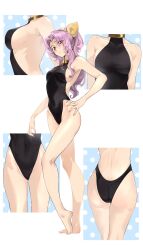 1girl absurdres alternate_costume ass bare_back black_one-piece_swimsuit bow breasts choker hair_bow hair_ribbon highres long_hair looking_at_viewer medium_breasts multiple_views one-piece_swimsuit ponytail purple_hair red_choker red_eyes ribbon shot_(shot0598) sideboob solo swimsuit touhou watatsuki_no_yorihime