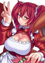 1girl alternate_costume arthropod_girl blush breasts cleavage crab_girl soapy_(mon-musu_quest!) dress enmaided hair_between_eyes hair_ornament hand_on_another&#039;s_head huge_breasts kanimusume_(kani_biimu) kupala long_hair looking_at_viewer maid mon-musu_quest! red_eyes red_hair solo_focus twintails upper_body v