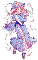 1girl alphes_(style) commentary_request dairi defeat dress full_body ghost hand_fan hat highres parody pink_eyes pink_hair saigyouji_yuyuko short_hair smile solo style_parody tachi-e torn_clothes touhou transparent_background triangular_headpiece wide_sleeves