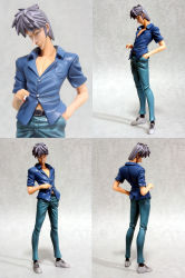 1boy akagi akagi:_yami_ni_oritatta_tensai cigarette figure fukumoto_mahjong grey_background highres holding holding_cigarette male_focus nose photo_(medium) silver_hair simple_background standing