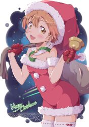 1girl bag bell blush christmas cowboy_shot dress fur-trimmed_dress fur-trimmed_headwear fur_trim gloves hat highres holding holding_bag holding_bell hoshizora_rin looking_at_viewer love_live! love_live!_school_idol_project merry_christmas open_mouth orange_hair red_dress red_gloves red_hat santa_costume santa_hat sen_(sen0910) short_hair smile solo standing thighhighs white_thighhighs yellow_eyes