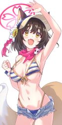 1girl animal_ear_fluff animal_ears arm_up armpits bikini blue_archive blue_bikini braid breasts brown_hair brown_hat commentary_request cowboy_shot denim denim_shorts fang flower fox_ears fox_girl fox_tail front-tie_bikini_top front-tie_top hair_flower hair_ornament halo hat highres izuna_(blue_archive) izuna_(swimsuit)_(blue_archive) karahai_(31448823) medium_breasts medium_hair open_fly open_mouth orange_eyes pink_halo pink_scarf scarf short_shorts shorts simple_background skin_fang smile solo striped_bikini striped_clothes swimsuit tail visor_cap white_background yellow_trim