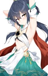 1girl armlet armpits arms_up blush bra chinese_clothes closed_mouth detached_collar detached_sleeves flat_chest floating floating_hair green_skirt grey_hair hair_between_eyes hair_ornament hairclip head_tilt headpiece highres honkai:_star_rail honkai_(series) isocha jewelry long_hair looking_at_viewer low_twintails orange_eyes pendant red_scarf scarf short_sleeves simple_background skirt solo standing stomach twintails underwear white_background yunli_(honkai:_star_rail)
