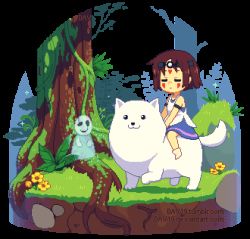 animal animated animated_gif annoying_dog brown_hair cosplay dav-19 day dog facial_tattoo flower frisk_(undertale) grass headband lowres mononoke_hime outdoors plant san_(cosplay) san_(mononoke_hime) tattoo transparent_background tree undertale w.d._gaster