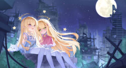 2girls absurdres bag bare_shoulders blonde_hair blue_dress blue_hairband bow building capelet cat closed_mouth commentary_request detached_sleeves dress eyes_visible_through_hair full_body full_moon green_eyes hair_ornament hairband hairclip highres landscape long_hair moon multiple_girls night night_sky open_mouth original pantyhose pink_bow pink_capelet pointy_ears purple_eyes shoulder_bag siblings sitting sky star_(sky) star_(symbol) twins very_long_hair white_cat white_pantyhose wlswlp