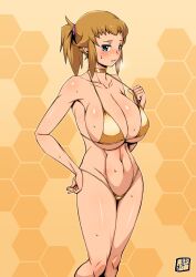 Rule 34 | 1girl, adjusting clothes, bikini, blonde hair, breasts, donson, gundam, gundam build fighters, gundam build fighters try, hand on own hip, highres, hoshino fumina, large breasts, legs, navel, smile, swimsuit, thighs, toned