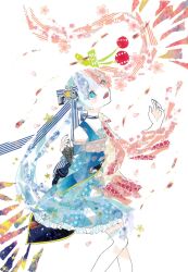 1girl 922pochan :d abstract asymmetrical_clothes black_gloves blue_cape blue_choker blue_dress blue_eyes blue_hair blue_ribbon blush cape cherry_hair_ornament choker collared_shirt commentary_request dress feet_out_of_frame fingerless_gloves floating_hair flower food-themed_hair_ornament frilled_dress frills gloves hair_between_eyes hair_ornament hair_ribbon hands_up hatsune_miku heterochromia highres looking_up masking_tape_(medium) mixed_media necktie open_mouth pink_eyes pink_flower pink_hair pink_necktie pink_shirt pink_skirt ribbon sakura_miku shirt sidelocks single_bare_shoulder skirt smile solo split_theme standing standing_on_one_leg star_(symbol) star_hair_ornament teeth traditional_media twintails unconventional_media upper_teeth_only vocaloid white_background yuki_miku yuki_miku_(2017)