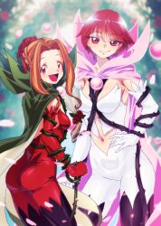 2girls :d absurdres ass black_footwear bodysuit boots braid breasts brooch brown_eyes brown_hair cape cleavage closed_mouth clothing_cutout commentary commission cosplay cowboy_shot digimon digimon_adventure digimon_savers elbow_gloves flower fujieda_yoshino gerusyu gloves green_cape hair_between_eyes hair_flower hair_ornament hand_on_own_hip highres holding holding_whip in-franchise_crossover jewelry long_hair looking_at_viewer low-tied_long_hair medium_breasts multiple_girls navel navel_cutout open_mouth parted_bangs petals pink_cape pink_eyes pink_hair plant red_bodysuit red_flower red_gloves red_rose rose rosemon rosemon_(cosplay) rosemon_burst_mode rosemon_burst_mode_(cosplay) short_hair sidelocks small_breasts smile standing tachikawa_mimi thigh_boots thorns toei_animation vine_whip vines whip white_bodysuit white_gloves