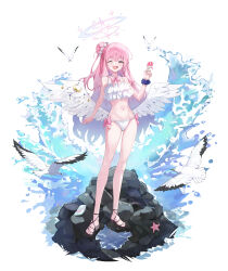 1girl absurdres angel_wings bikini bird blue_archive bow crescent_moon feathered_wings food frilled_bikini frills full_body hair_ornament halo highres holding holding_food holding_popsicle long_hair looking_at_viewer melting_popsicle mika_(blue_archive) moly_(molyy0218) moon navel one_eye_closed open_mouth pink_bow pink_hair popsicle rock ruffle_bikini sandals scrunchie seagull simple_background solo starfish swimsuit very_long_hair water waves white_background white_bikini wings wrist_scrunchie