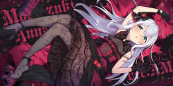 Rule 34 | 1girl, black gloves, black pantyhose, black skirt, blush, commentary, dress, flat chest, frilled skirt, frills, gloves, green eyes, hair spread out, highres, idolmaster, idolmaster million live!, idolmaster million live! theater days, long hair, looking at viewer, lying, mochizuki anna, official alternate hair color, on back, open mouth, pantyhose, red background, red dress, shennai misha, skirt, sleeveless, sleeveless dress, solo, toes, white hair