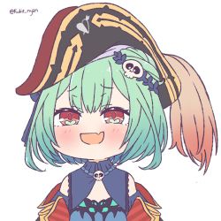 1girl :d bicorne blush cosplay fang gradient_hair green_hair hat hololive houshou_marine houshou_marine_(1st_costume) houshou_marine_(cosplay) kukie-nyan looking_at_viewer medium_hair multicolored_hair open_mouth pirate_hat plume red_eyes simple_background skin_fang smile solo upper_body uruha_rushia uruha_rushia_(1st_costume) virtual_youtuber white_background