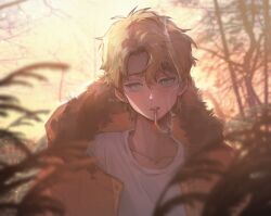 Rule 34 | 1boy, animification, artist name, blonde hair, blue eyes, blurry, blurry foreground, branch, buttons, cigarette, collarbone, down jacket, evening, fur-trimmed jacket, fur trim, hair between eyes, hood, hooded jacket, jacket, kenny mccormick, long sleeves, looking to the side, male focus, open clothes, open jacket, open mouth, orange jacket, outdoors, shirt, short hair, sky, smoke, smoking, solo, south park, sp toyoill, sunset, t-shirt, teeth, tree, upper body, white shirt, yellow sky