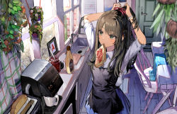 1girl absurdres apron arms_up black_apron black_hair blue_skirt bracelet bread_slice cabinet calendar_(object) chair coffee_maker coffee_mug collared_shirt commentary cup day dohyo123123 door faucet flower food food_in_mouth from_above green_eyes grey_shirt hair_ribbon highres indoors jam jewelry kitchen long_hair looking_away mouth_hold mug original plant potted_plant red_ribbon ribbon shirt sideways_glance sink skirt solo standing sunlight table toast toast_in_mouth toaster tying_hair window
