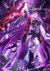 1girl absurdly_long_hair armor black_boots boots breasts closed_mouth commentary_request fence gauntlets high_heel_boots high_heels highres holding holding_sword holding_weapon honkai_(series) honkai_impact_3rd horns karame_rise katana legwear_cutout lightning long_hair looking_at_viewer medium_breasts navel purple_eyes purple_hair raiden_mei raiden_mei_(herrscher_of_thunder) red_horns shoulder_armor solo sword thighhighs very_long_hair weapon white_thighhighs