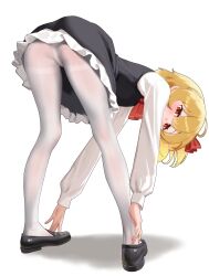 1girl absurdres ascot ass bent_over black_skirt blonde_hair blush crotch_seam from_behind full_body hair_ribbon highres long_sleeves looking_at_viewer looking_back lulumiya_(abbb1233) panties panties_under_pantyhose pantyhose red_ascot red_eyes red_ribbon ribbon rumia shirt shoes short_hair simple_background skirt solo standing thighband_pantyhose touhou underwear white_background white_pantyhose white_shirt