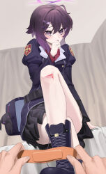 1girl 1other absurdres backpack bag bandaid bed black_boots blue_archive boots bruise covering_own_mouth gimon_(gimon333) halo haruka_(blue_archive) highres hospital_bed indoors injury looking_at_viewer military_uniform purple_eyes purple_hair purple_halo short_hair skirt stuffed_toy