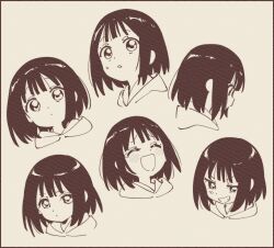 1girl absurdres black_border black_eyes black_hair blush bob_cut border closed_eyes closed_mouth from_side grey_background greyscale grin highres hood hoodie light_frown looking_at_viewer looking_down monochrome multiple_views namori open_mouth original paper_texture raised_eyebrows short_hair smile smug sweatdrop teardrop v-shaped_eyebrows