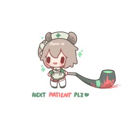1girl :d animal_ears apron blood blush chibi chibi_only commentary decrilus dress english_text full_body green_dress grey_hair hair_ribbon hashtag-only_commentary hat highres holding holding_smoking_pipe indie_virtual_youtuber long_sleeves maid_apron medium_hair nimi_nightmare nurse_cap one_side_up open_mouth oversized_object ribbon short_dress simple_background smile smoking_pipe solid_oval_eyes solo sparkle standing tapir_ears tapir_girl thighhighs virtual_youtuber weapon white_apron white_background white_hat white_ribbon white_thighhighs