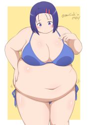 1girl absurdres bikini blue_bikini blue_hair blush breasts cleavage fat fat_woman frown hair_ornament hairclip hand_on_own_chest hand_on_own_stomach highres large_breasts looking_down masakin navel purple_eyes sairenji_haruna short_hair side-tie_bikini_bottom solo standing swimsuit to_love-ru weight_conscious