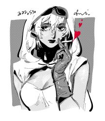 1girl breasts cigarette commentary_request dated eyelashes gloves goggles goggles_on_head greyscale hair_between_eyes highres jojo_no_kimyou_na_bouken kotteri looking_at_viewer mariah_(jojo) medium_breasts monochrome solo
