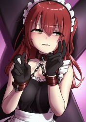 1girl absurdres apron bare_shoulders bdsm bent_v black_gloves bocchi_the_rock! bondage bound breasts chain collar cuffs cuffs-to-collar dochi_(dosa_dosa_dosa) gag gloves green_eyes hair_between_eyes half-closed_eyes handcuffs hands_up highres kita_ikuyo long_hair looking_to_the_side maid maid_apron maid_headdress parted_lips red_hair restrained small_breasts solo teeth v white_apron