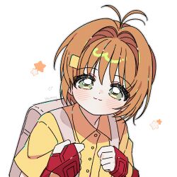 1girl :3 backpack bag blush brown_hair buttons cardcaptor_sakura closed_mouth collared_shirt fingerless_gloves gloves green_eyes grey_outline highres kinomoto_sakura looking_at_viewer outline red_gloves shirt short_hair short_sleeves simple_background smile solo star_(symbol) upper_body white_background yalmyu yellow_shirt