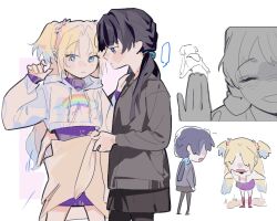 2girls black_pantyhose black_skirt blank_speech_bubble blonde_hair blue_eyes blue_hair blue_ribbon casual closed_mouth commentary cropped_hoodie dark_blue_hair dress fang flower gradient_hair grey_sweater hair_flower hair_ornament hair_ribbon hand_on_another&#039;s_shoulder highres hood hoodie layered_sleeves light_blue_hair link!_like!_love_live! long_hair long_sleeves looking_at_another love_live! low_twintails miniskirt mole mole_on_neck multicolored_hair multiple_girls multiple_views murano_sayaka murano_sayaka_(winter_casual) official_alternate_costume open_mouth osawa_rurino osawa_rurino_(winter_casual) pantyhose parted_bangs pink_flower pipi_(m1x_mix) pleated_skirt profile purple_dress purple_sweater rainbow_print ribbon short_dress skin_fang skirt sleeves_past_wrists speech_bubble sweater sweater_dress towel towel_around_waist turtleneck turtleneck_dress turtleneck_sweater twintails virtual_youtuber white_hoodie