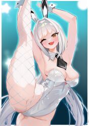 1girl absurdres blanc_(nikke) breasts cleavage highres leotard nikke playboy_bunny split standing standing_on_one_leg standing_split white_leotard