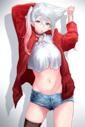 1girl black_thighhighs blue_shorts breasts choker collared_crop_top cowboy_shot crop_top denim denim_shorts duplicate female_focus girls&#039;_frontline gradient_hair hair_between_eyes hair_ornament hair_tie_in_mouth hairclip highres holding holding_own_hair jacket long_hair lwmmg_(girls&#039;_frontline) midriff mouth_hold multicolored_hair navel open_clothes open_jacket pink_hair red_jacket shinoe_nun short_shorts shorts silver_hair single_thighhigh solo standing stomach thighhighs twintails two-tone_hair tying_hair