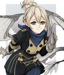 Rule 34 | 1girl, absurdres, alternate costume, black dress, black eyes, blue scarf, closed mouth, commentary, dragon tail, dress, elbow gloves, english commentary, female kana (fire emblem), fire emblem, fire emblem: three houses, fire emblem fates, garreg mach monastery uniform, gloves, grey gloves, grey tail, hair between eyes, hair bun, highres, long sleeves, nintendo, pointy ears, scarf, sierra117renner, single hair bun, smile, tail
