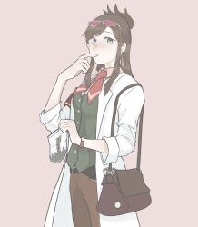 1girl ace_attorney bad_id bad_pixiv_id bag blue_eyes bowtie brown_hair brown_pants eating ema_skye green_vest highres lab_coat pants pink_glasses red_bow red_bowtie solo solo_focus vest