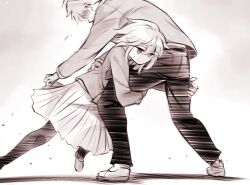 Rule 34 | 1boy, 1girl, blazer, commentary request, expressionless kouhai (kato takuji), grabbing another&#039;s leg, highres, jacket, jitome, kato takuji, long sleeves, medium skirt, monochrome, motion lines, original, pants, pantyhose, pleated skirt, school uniform, sepia, short hair, skirt, speed lines, wrestling