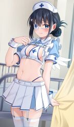Rule 34 | 1girl, arm behind back, belt, black hair, blush, breasts, cleavage, closed mouth, eyepatch, fake wings, garter straps, hand up, hat, highres, indoors, komori kuzuyu, looking at viewer, medical eyepatch, medium breasts, navel, nurse, nurse cap, original, rivier (kuzuyu), short sleeves, skirt, solo, standing, stomach, sweat, thighhighs, white belt, white skirt, white thighhighs, white wings, wings, zettai ryouiki
