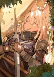 1girl animal_ear_fluff animal_ears armor blonde_hair breastplate claymore_(sword) closed_eyes commentary_request flower gauntlets guodong hair_between_eyes holding holding_sword holding_weapon knight long_bangs long_hair lying on_back original outdoors parted_lips shoulder_armor sleeping solo sword tree upper_body weapon white_flower white_hair