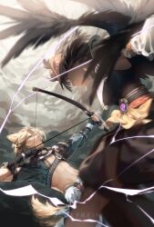 1boy 1girl absurdres animal_ears aqua_eyes armor bird_mask black_bodysuit blufyrein bodysuit bow breast_curtain clenched_teeth feathered_wings fox_boy genshin_impact gorou_(genshin_impact) highres japanese_armor japanese_clothes kujou_sara mask mask_on_head multicolored_hair obi obiage obijime red_mask sash streaked_hair tassel teeth tengu white_hair wings