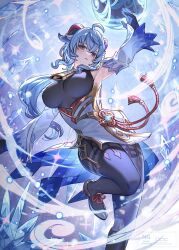 1girl ahoge arm_up bell black_gloves blue_gloves blue_hair bodystocking breasts cowbell cowboy_shot detached_sleeves from_below ganyu_(genshin_impact) genshin_impact gloves goat_horns gold_trim hair_between_eyes highres horns ice large_breasts leg_up long_hair looking_at_viewer multicolored_gloves ponytail purple_eyes red_rope rope tsugutoku vision_(genshin_impact)